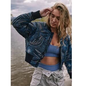 New Free People Garden Party Bomber Jacket FP MOVEMENT $298 SMALL Blue